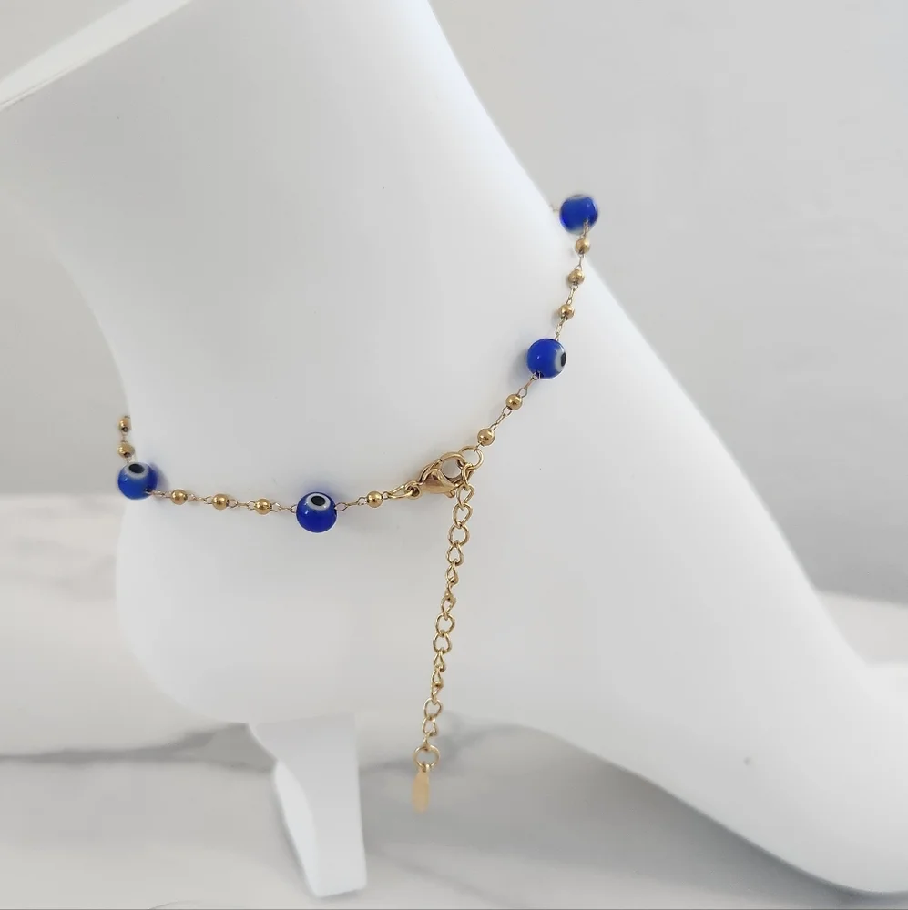 Modern Style Beaded Blue Evil Eye 18K Gold Plated Bracelet - Picture 7 of 11